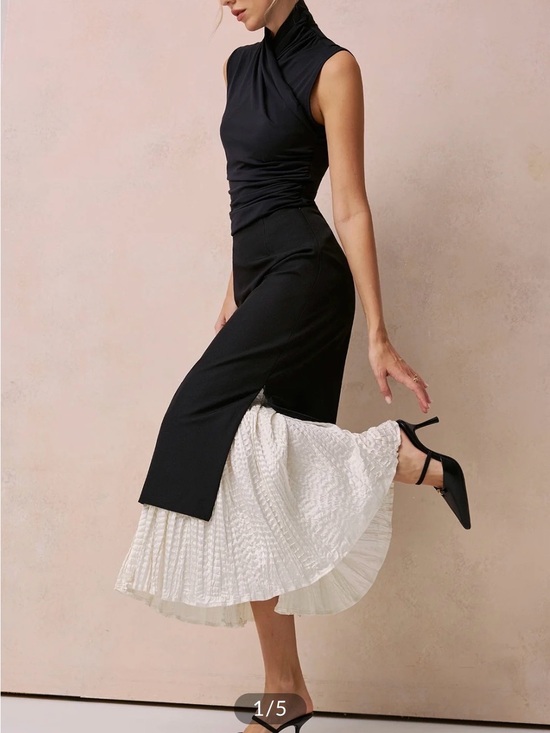 Commense Dresses & Skirts - Commense Black Midi Skirt with White Pleated Hem